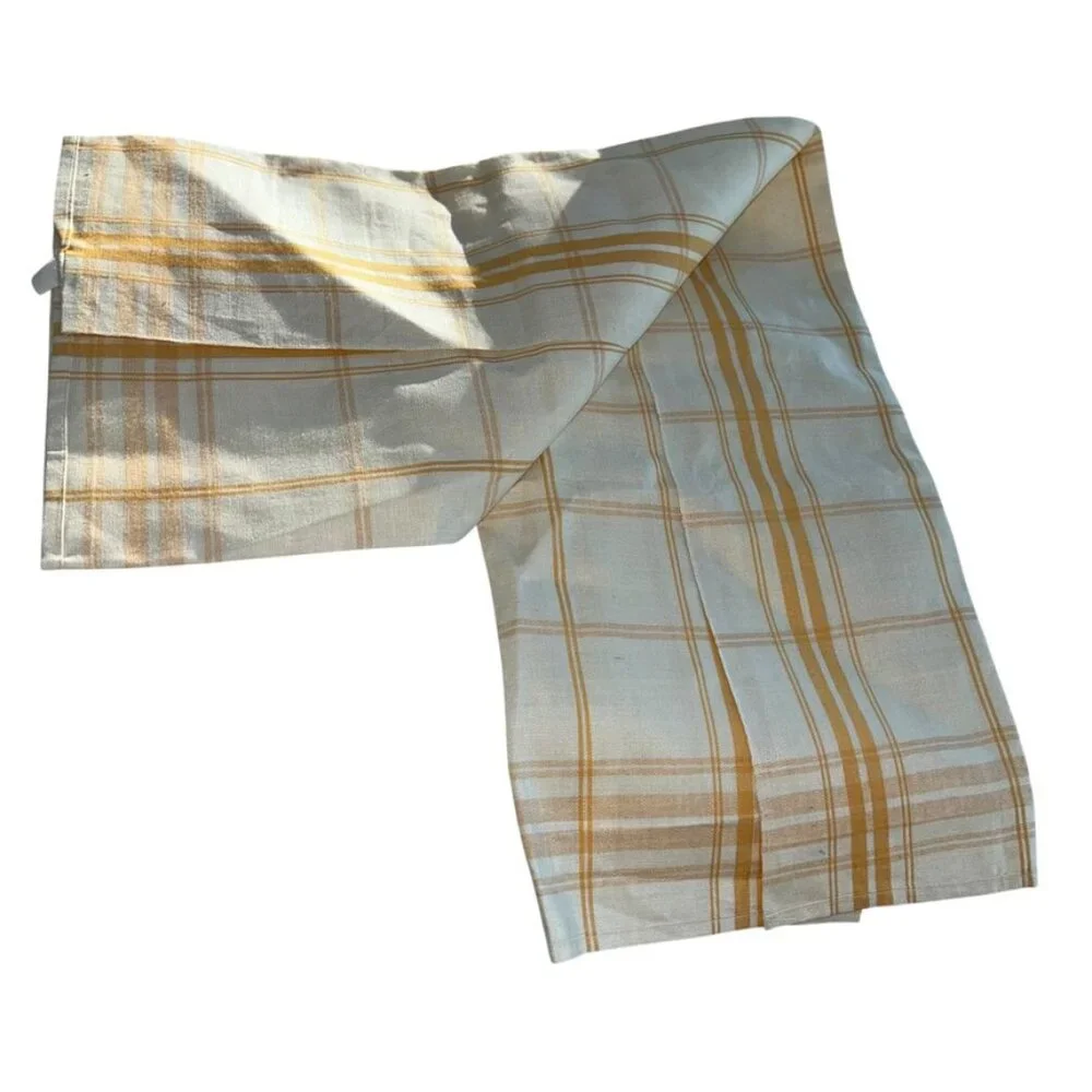 Vintage 100% LINEN NEW golden yellow window pane plaid tea dish towel